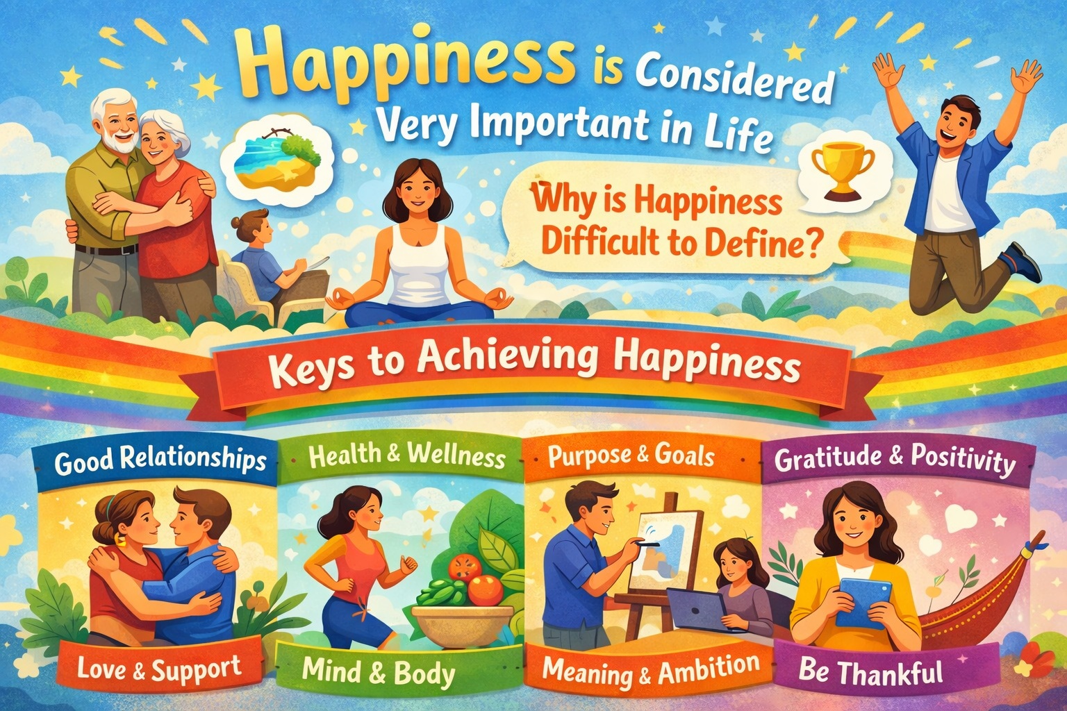 [Writing Task 2] Happiness is considered very important in life. Why is it difficult to define? What factors are important in achieving happiness?