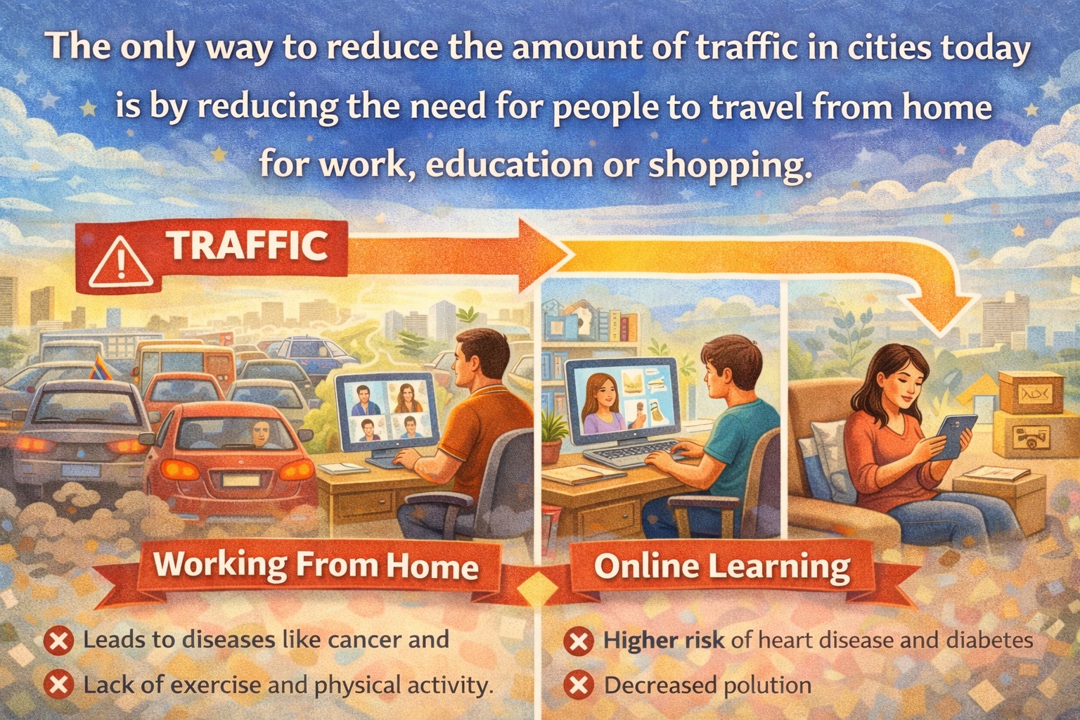 [Writing Task 2] The only way to reduce the amount of traffic in cities today is by reducing the need for people to travel from home for work, education or shopping.