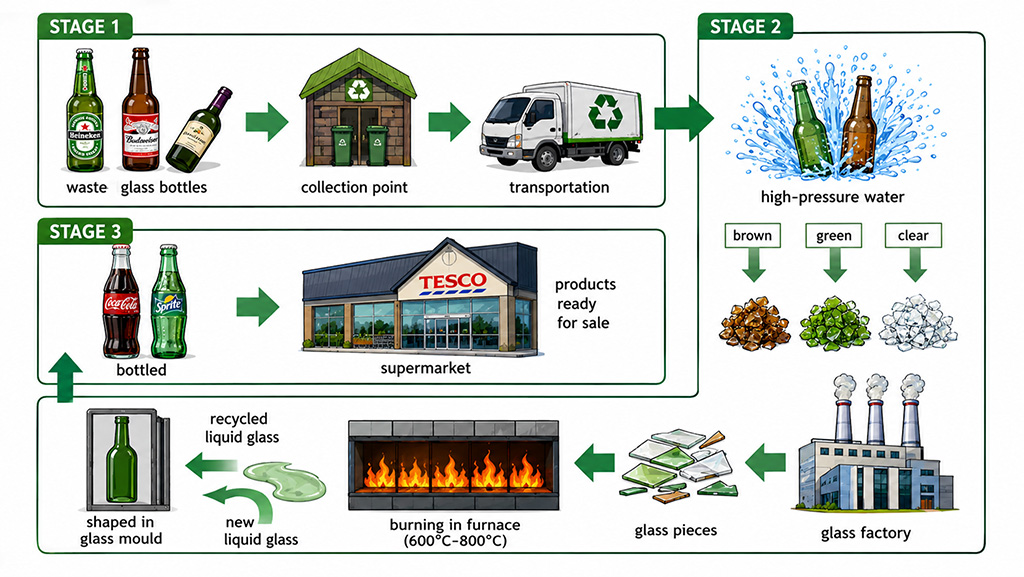 [Writing Task 1] The pictures below show the recycling process of waste glass bottles